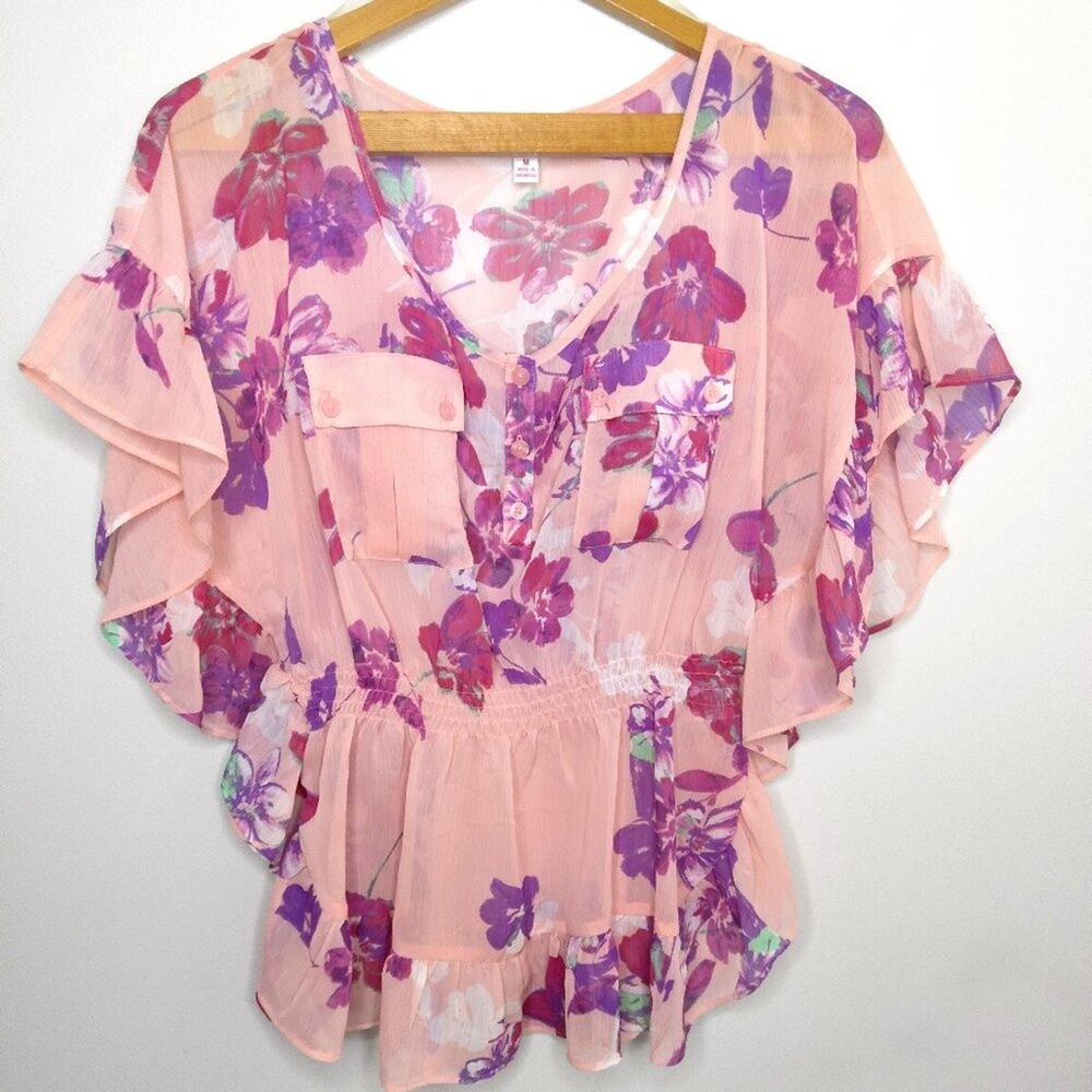 Candie's Floral Pink Flutter Butterfly Sleeve Blouse Top Cinched Waist Sz M